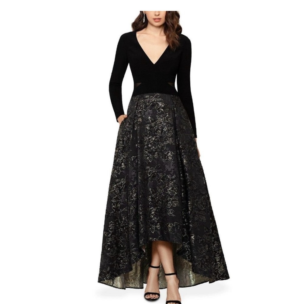 XSCAPE High-Low Black & Gold Brocade Ball Gown Size 16 Long Sleeves V-Neck Dress